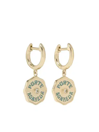 Marlo Laz Wee Porte Bonheur 14-karat Gold, Enamel And Aquamarine Hoop Earrings | Thumbnail 1 Marlo Laz Wee Porte Bonheur 14-karat Gold, Enamel And Aquamarine Hoop Earrings | Thumbnail 1