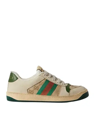 Gucci Screener Suede, Distressed Leather And Canvas Sneakers | Thumbnail 1 Gucci Screener Suede, Distressed Leather And Canvas Sneakers | Thumbnail 1