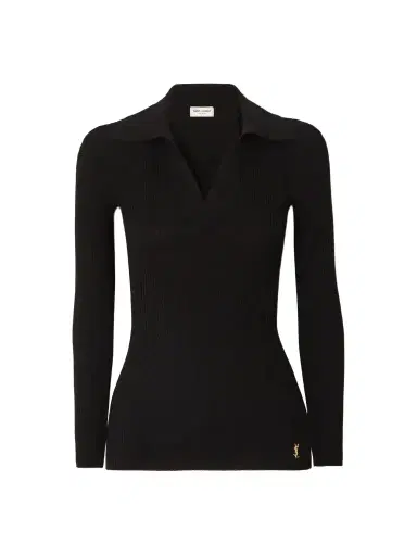 Saint Laurent Embellished Ribbed-knit Polo Sweater | Thumbnail 1 Saint Laurent Embellished Ribbed-knit Polo Sweater | Thumbnail 1