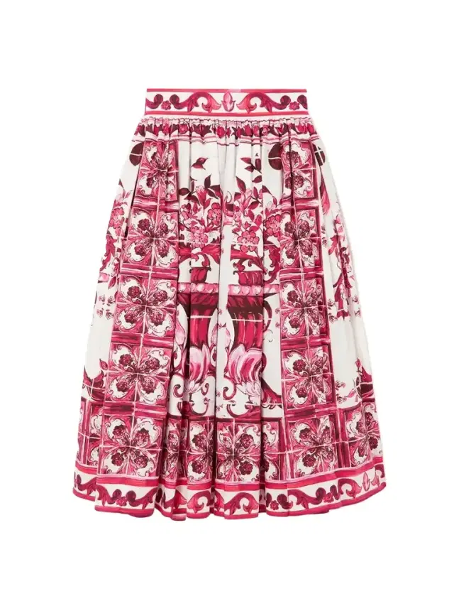 Maiolica Pleated Printed Cotton-poplin Midi Skirt