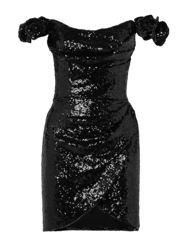 Off-the-shoulder Appliquéd Draped Sequined Crepe Mini Dress Off-the-shoulder Appliquéd Draped Sequined Crepe Mini Dress