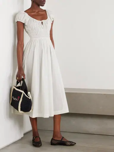 DÔEN Quinn Tie-detailed Shirred Organic Cotton-poplin Midi Dress | Thumbnail 2 DÔEN Quinn Tie-detailed Shirred Organic Cotton-poplin Midi Dress | Thumbnail 2