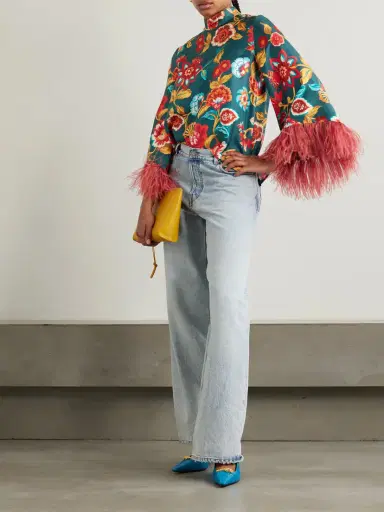 La DoubleJ Make An Exit Feather-trimmed Floral-print Silk-twill Top | Thumbnail 2 La DoubleJ Make An Exit Feather-trimmed Floral-print Silk-twill Top | Thumbnail 2