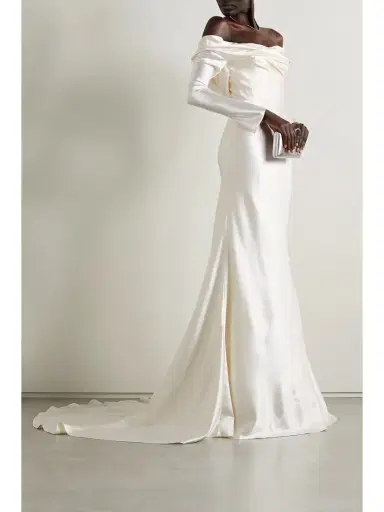 Danielle Frankel Noa Off-the-shoulder Draped Wool And Silk-blend Charmeuse Gown | Thumbnail 3 Danielle Frankel Noa Off-the-shoulder Draped Wool And Silk-blend Charmeuse Gown | Thumbnail 3