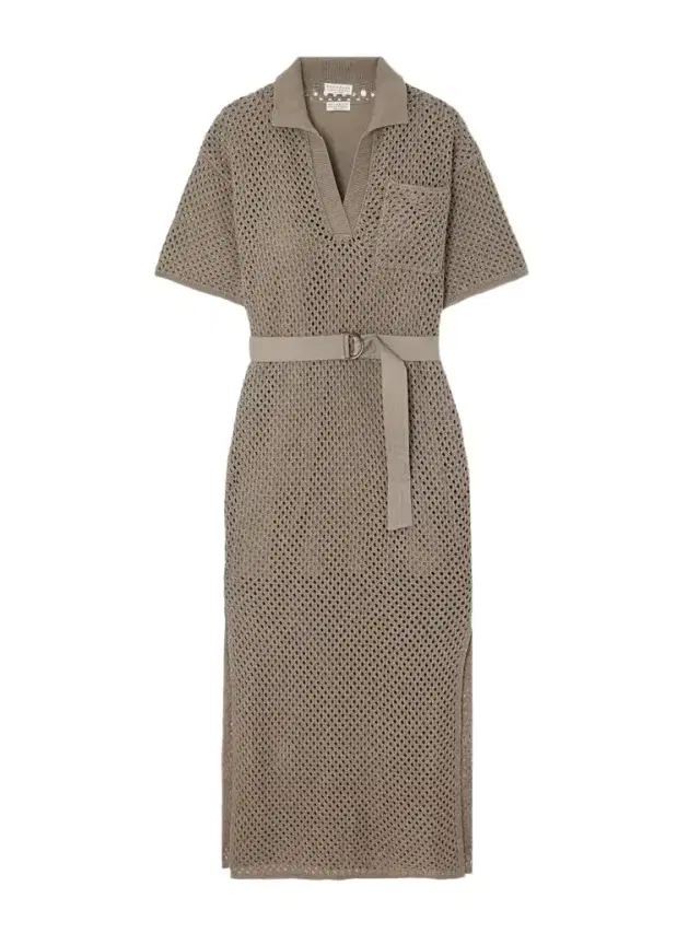 Belted Open-knit Cotton Midi Dress