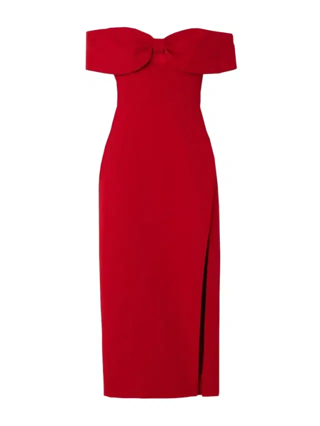Off-the-shoulder Bow-embellished Crepe Midi Dress