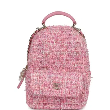 Chanel Chanel Mini Phone Holder Backpack with Chain Pink Multicolor Tweed Light Gold Hardware | Thumbnail 1 Chanel Chanel Mini Phone Holder Backpack with Chain Pink Multicolor Tweed Light Gold Hardware | Thumbnail 1