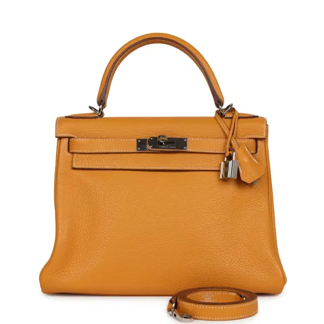 Pre-Owned Hermes Kelly Retourne 28 Moutarde Clemence Palladium Hardware Pre-Owned Hermes Kelly Retourne 28 Moutarde Clemence Palladium Hardware