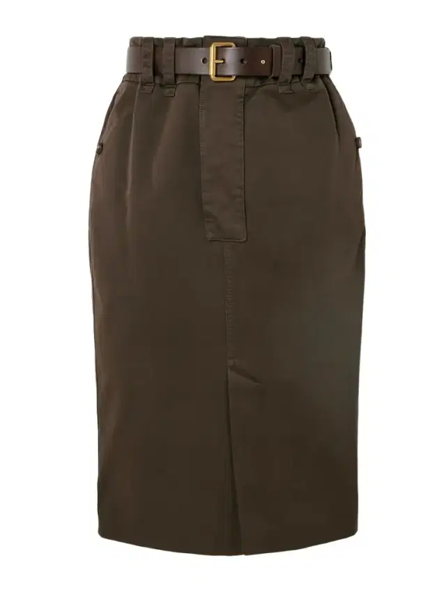 Belted Leather-trimmed Denim Midi Skirt