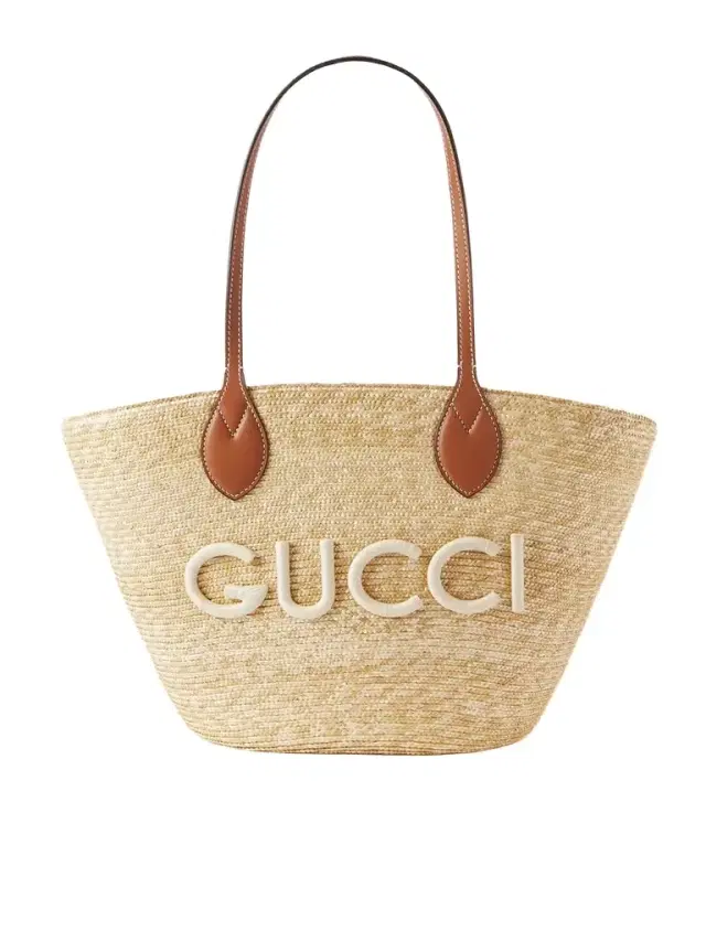 Leather-trimmed Appliquéd Raffia Tote