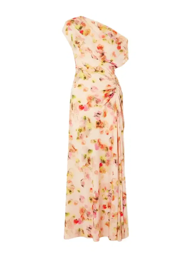 Poppy One-shoulder Ruched Printed Stretch-silk Gown