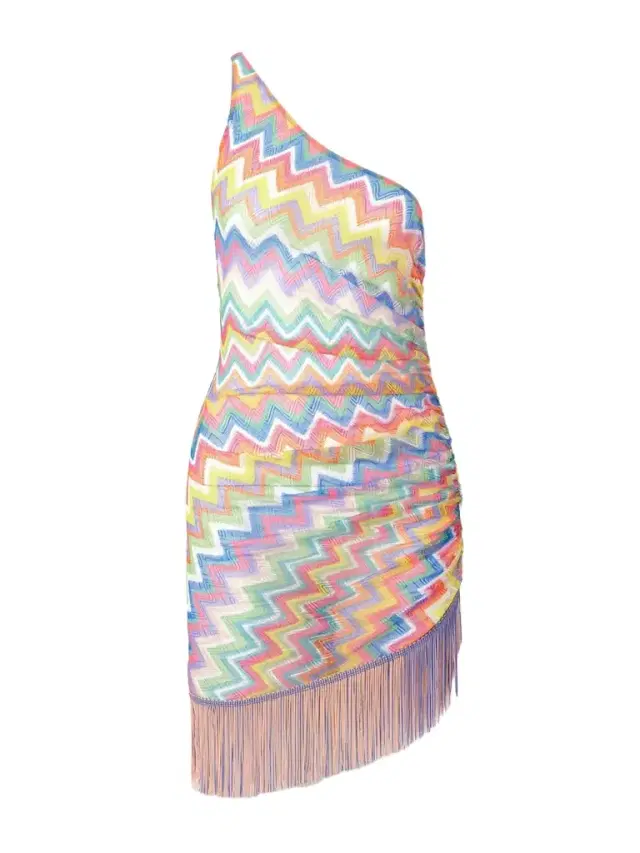 One-shoulder Fringed Striped Crochet-knit Mini Dress