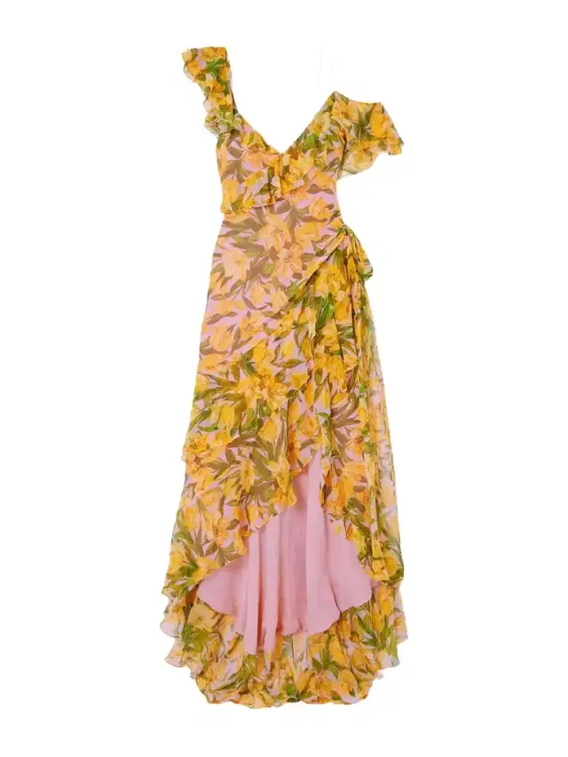 One-shoulder Ruffled Gathered Floral-print Silk-chiffon Gown