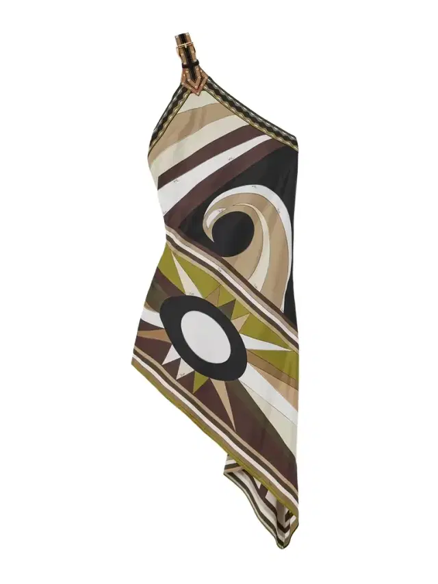 Asymmetric Leather-trimmed Printed Silk-twill Dress