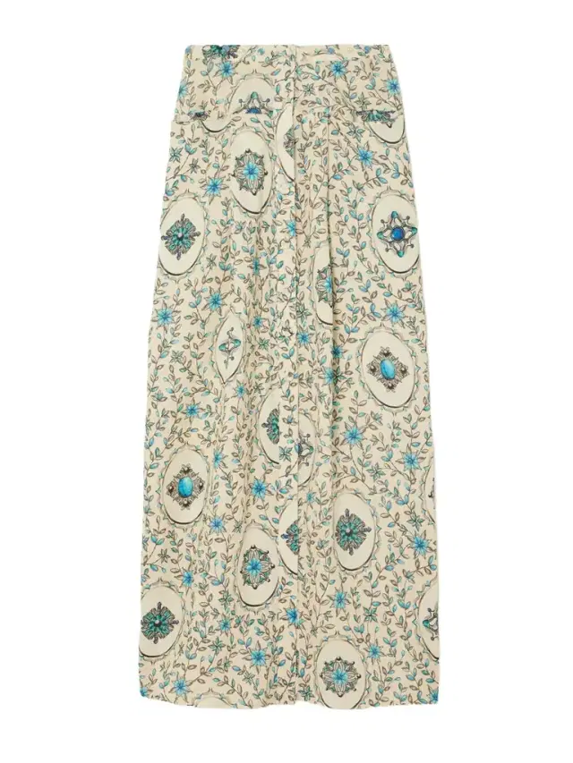 Embellished Printed Linen Maxi Skirt - x small