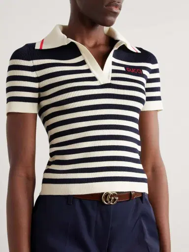 Gucci Striped Ribbed Cotton-blend Polo Top | Thumbnail 3 Gucci Striped Ribbed Cotton-blend Polo Top | Thumbnail 3