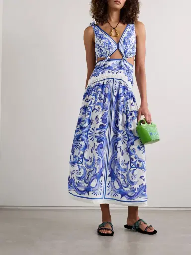 Farm Rio Garden Tiles Cutout Gathered Printed Satin Midi Dress - x large | Thumbnail 2 Farm Rio Garden Tiles Cutout Gathered Printed Satin Midi Dress - x large | Thumbnail 2