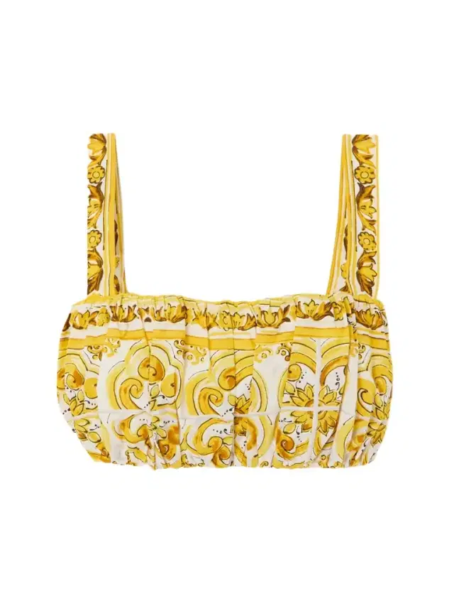 Maiolica Cropped Gathered Printed Cotton-poplin Top