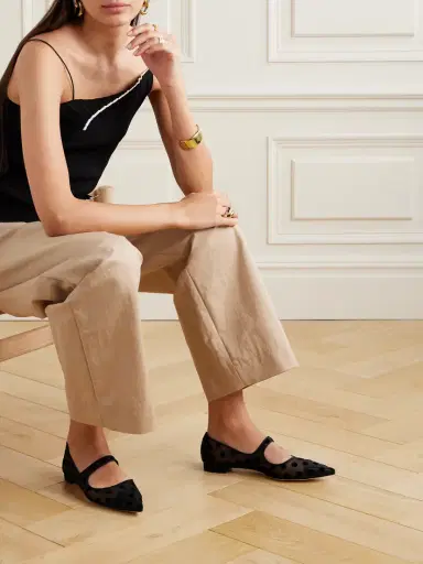 Manolo Blahnik Campari Grosgrain-trimmed Flocked Mesh Ballet Flats | Thumbnail 2 Manolo Blahnik Campari Grosgrain-trimmed Flocked Mesh Ballet Flats | Thumbnail 2