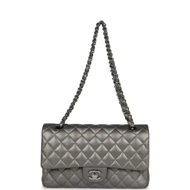 Chanel Pre-owned Chanel Medium Classic Double Flap Bag Metallic Grey Lambskin Silver Hardware | Thumbnail 7 Chanel Pre-owned Chanel Medium Classic Double Flap Bag Metallic Grey Lambskin Silver Hardware | Thumbnail 7