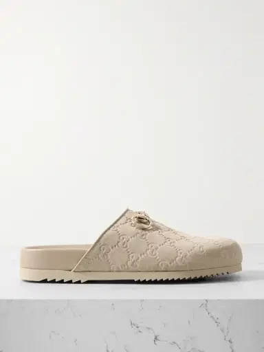 Gucci Sol Horsebit-detailed Debossed Leather-trimmed Suede Slippers | Thumbnail 1 Gucci Sol Horsebit-detailed Debossed Leather-trimmed Suede Slippers | Thumbnail 1