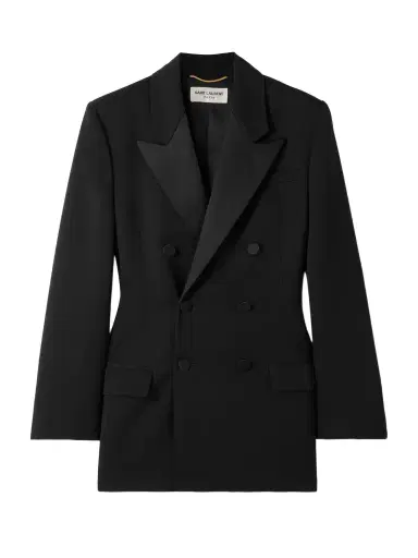 Saint Laurent Double-breasted Twill-trimmed Grain De Poudre Wool Blazer | Thumbnail 1 Saint Laurent Double-breasted Twill-trimmed Grain De Poudre Wool Blazer | Thumbnail 1