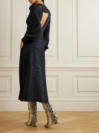 MAISON MAYLE Nerina Gathered Guipure Lace-trimmed Silk-jacquard Midi Dress | Thumbnail 3 MAISON MAYLE Nerina Gathered Guipure Lace-trimmed Silk-jacquard Midi Dress | Thumbnail 3
