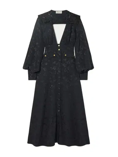 MAISON MAYLE Nerina Gathered Guipure Lace-trimmed Silk-jacquard Midi Dress | Thumbnail 1 MAISON MAYLE Nerina Gathered Guipure Lace-trimmed Silk-jacquard Midi Dress | Thumbnail 1