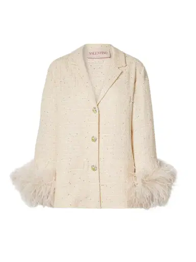 Valentino Garavani Feather-trimmed Embellished Cotton-blend Bouclé-tweed Blazer | Thumbnail 1 Valentino Garavani Feather-trimmed Embellished Cotton-blend Bouclé-tweed Blazer | Thumbnail 1