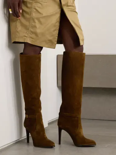Saint Laurent Diane Logo-embellished Suede Knee Boots | Thumbnail 2 Saint Laurent Diane Logo-embellished Suede Knee Boots | Thumbnail 2