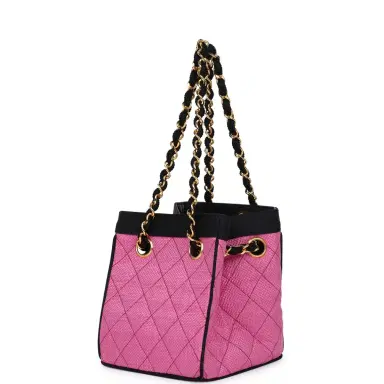 Chanel Vintage Chanel Set of Two Mini Bucket Bag & Oval Handbag Pink and Black Raffia Gold Hardware | Thumbnail 3 Chanel Vintage Chanel Set of Two Mini Bucket Bag & Oval Handbag Pink and Black Raffia Gold Hardware | Thumbnail 3