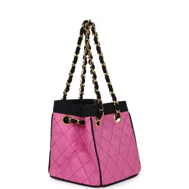 Chanel Vintage Chanel Set of Two Mini Bucket Bag & Oval Handbag Pink and Black Raffia Gold Hardware | Thumbnail 4 Chanel Vintage Chanel Set of Two Mini Bucket Bag & Oval Handbag Pink and Black Raffia Gold Hardware | Thumbnail 4