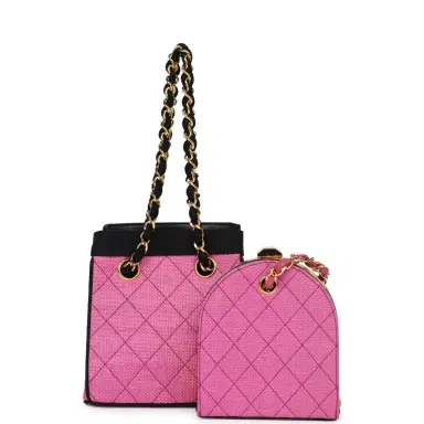 Chanel Vintage Chanel Set of Two Mini Bucket Bag & Oval Handbag Pink and Black Raffia Gold Hardware | Thumbnail 1 Chanel Vintage Chanel Set of Two Mini Bucket Bag & Oval Handbag Pink and Black Raffia Gold Hardware | Thumbnail 1