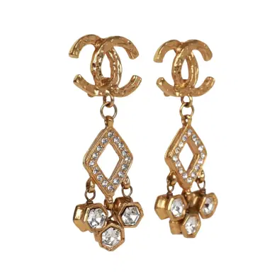 Chanel Vintage Chanel Gold Plated Textured Rhinestone Dangle Clip On Earrings | Thumbnail 2 Chanel Vintage Chanel Gold Plated Textured Rhinestone Dangle Clip On Earrings | Thumbnail 2