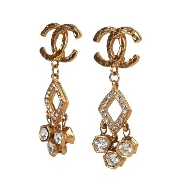 Chanel Vintage Chanel Gold Plated Textured Rhinestone Dangle Clip On Earrings | Thumbnail 3 Chanel Vintage Chanel Gold Plated Textured Rhinestone Dangle Clip On Earrings | Thumbnail 3