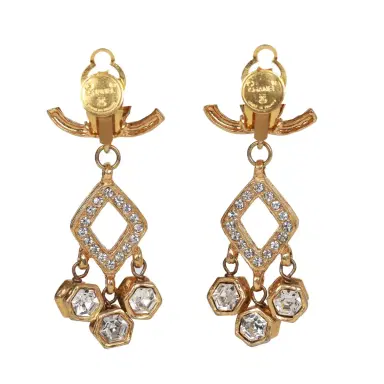 Chanel Vintage Chanel Gold Plated Textured Rhinestone Dangle Clip On Earrings | Thumbnail 5 Chanel Vintage Chanel Gold Plated Textured Rhinestone Dangle Clip On Earrings | Thumbnail 5
