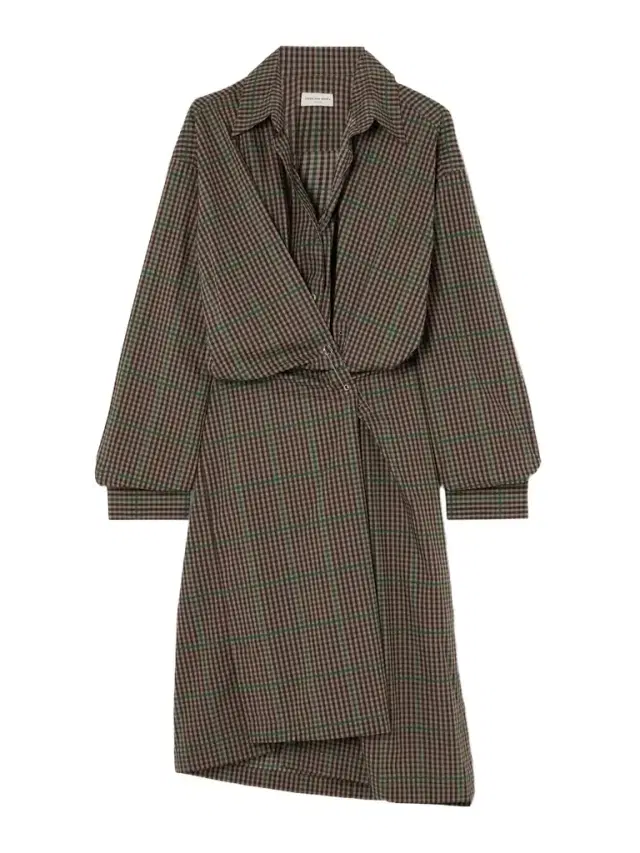 Asymmetric Gathered Checked Cotton Shirt Dress