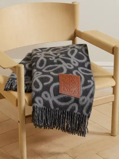 Loewe Fringed Leather-trimmed Alpaca-blend Jacquard Blanket | Thumbnail 1 Loewe Fringed Leather-trimmed Alpaca-blend Jacquard Blanket | Thumbnail 1