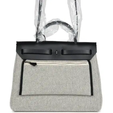 HERMÈS Hermes Herbag Zip 31 PM Hobnailed Black and Ecru Printed H Plume Canvas and Vache Hunter Palladium Hardware | Thumbnail 4 HERMÈS Hermes Herbag Zip 31 PM Hobnailed Black and Ecru Printed H Plume Canvas and Vache Hunter Palladium Hardware | Thumbnail 4