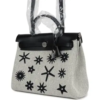 HERMÈS Hermes Herbag Zip 31 PM Hobnailed Black and Ecru Printed H Plume Canvas and Vache Hunter Palladium Hardware | Thumbnail 5 HERMÈS Hermes Herbag Zip 31 PM Hobnailed Black and Ecru Printed H Plume Canvas and Vache Hunter Palladium Hardware | Thumbnail 5