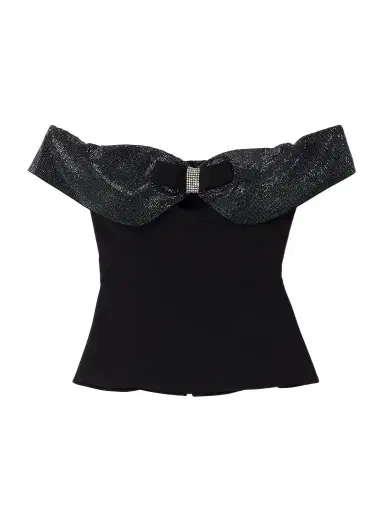 Self-Portrait Off-the-shoulder Bow And Crystal-embellished Crepe Top | Thumbnail 1 Self-Portrait Off-the-shoulder Bow And Crystal-embellished Crepe Top | Thumbnail 1