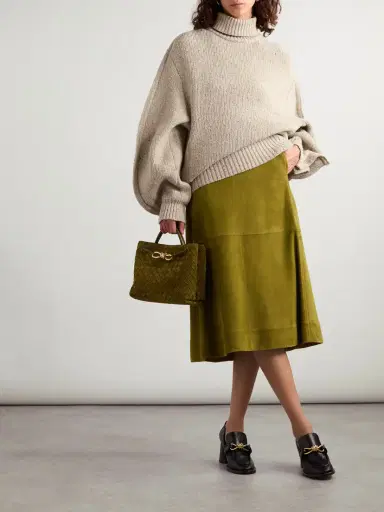 Bottega Veneta Pleated Paneled Suede Midi Skirt | Thumbnail 2 Bottega Veneta Pleated Paneled Suede Midi Skirt | Thumbnail 2