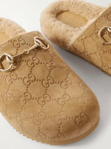 Gucci Sol Horsebit-detailed Debossed Shearling-trimmed Suede Slippers | Thumbnail 4 Gucci Sol Horsebit-detailed Debossed Shearling-trimmed Suede Slippers | Thumbnail 4