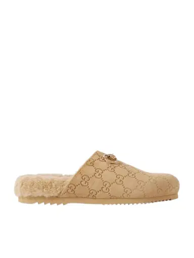 Gucci Sol Horsebit-detailed Debossed Shearling-trimmed Suede Slippers | Thumbnail 1 Gucci Sol Horsebit-detailed Debossed Shearling-trimmed Suede Slippers | Thumbnail 1
