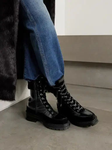Aquazzura Very Cortina 20 Shearling-lined Suede-trimmed Glossed Textured-leather Combat Boots | Thumbnail 2 Aquazzura Very Cortina 20 Shearling-lined Suede-trimmed Glossed Textured-leather Combat Boots | Thumbnail 2