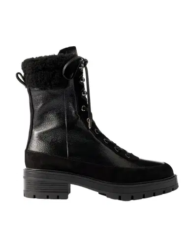 Aquazzura Very Cortina 20 Shearling-lined Suede-trimmed Glossed Textured-leather Combat Boots | Thumbnail 1 Aquazzura Very Cortina 20 Shearling-lined Suede-trimmed Glossed Textured-leather Combat Boots | Thumbnail 1