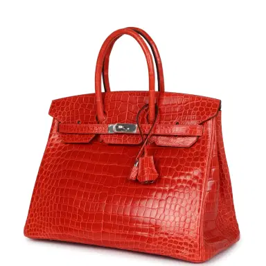 HERMÈS Pre-owned Hermes Birkin 35 Orange Poppy Shiny Porosus Crocodile Palladium Hardware | Thumbnail 3 HERMÈS Pre-owned Hermes Birkin 35 Orange Poppy Shiny Porosus Crocodile Palladium Hardware | Thumbnail 3