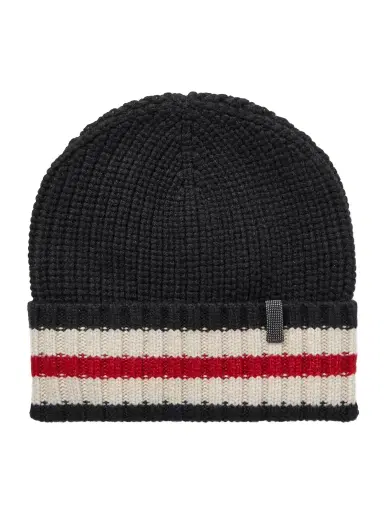 Brunello Cucinelli Bead-embellished Striped Ribbed Cashmere Beanie | Thumbnail 1 Brunello Cucinelli Bead-embellished Striped Ribbed Cashmere Beanie | Thumbnail 1