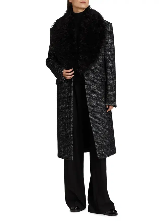 Women's Glen Plaid Wool-Blend Chesterfield Coat - Black White Women's Glen Plaid Wool-Blend Chesterfield Coat - Black White