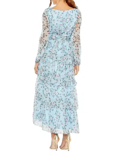 Mac Duggal Women's Floral Chiffon Tiered Midi-Dress - Aqua Multi | Thumbnail 2 Mac Duggal Women's Floral Chiffon Tiered Midi-Dress - Aqua Multi | Thumbnail 2